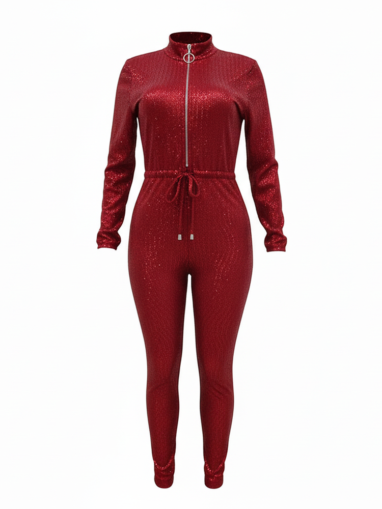Long Sleeve Sequin Belted Jumpsuit
