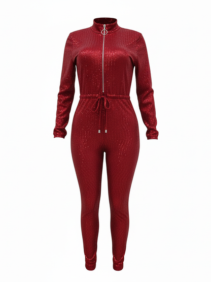 Long Sleeve Sequin Belted Jumpsuit