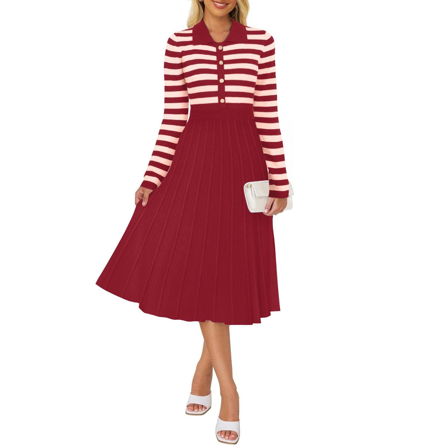 Striped Long Sleeve Button Ribbed Knit Dresses