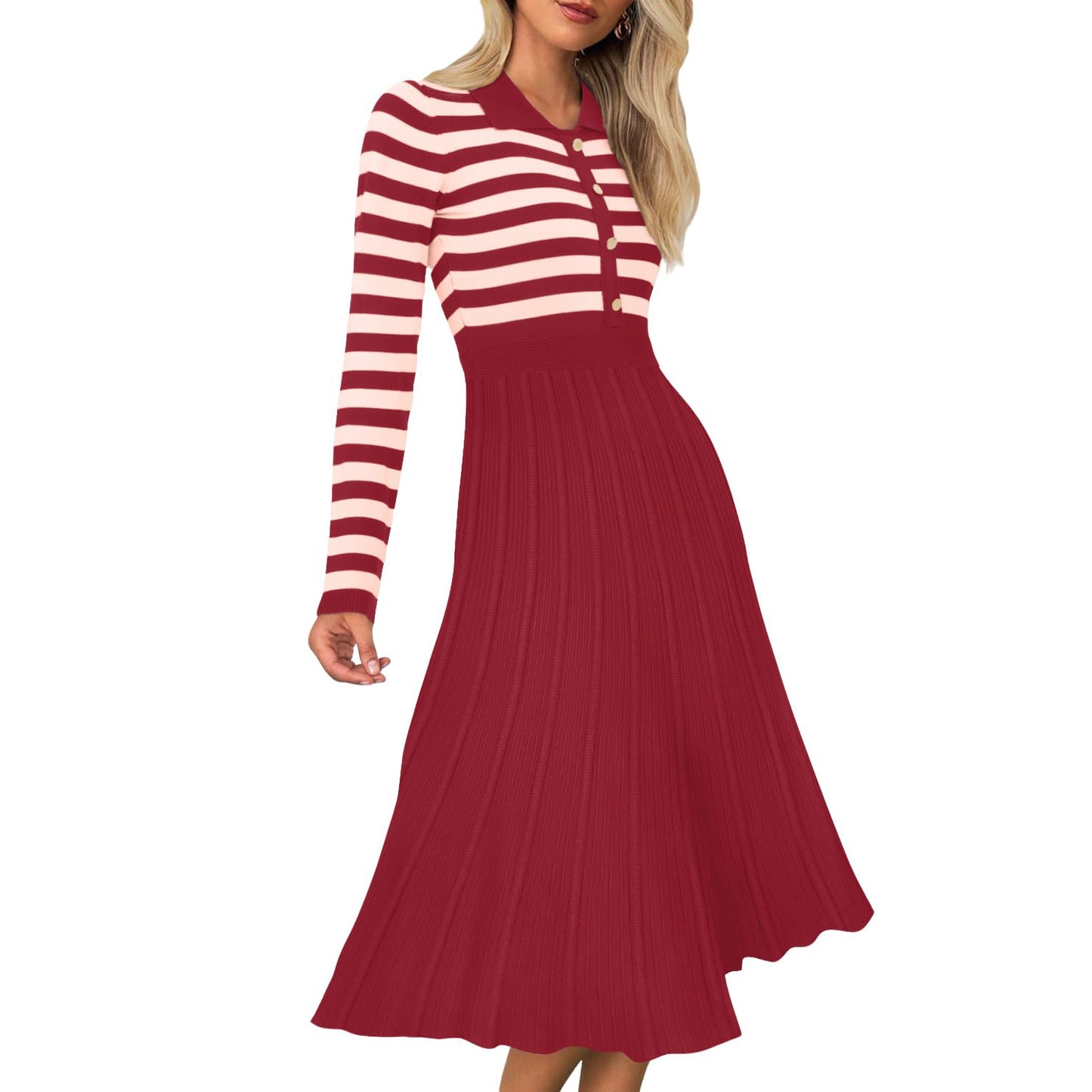 Striped Long Sleeve Button Ribbed Knit Dresses
