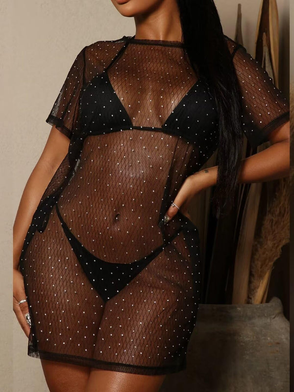 Rhinestone Cover Up Mesh Mini Dress