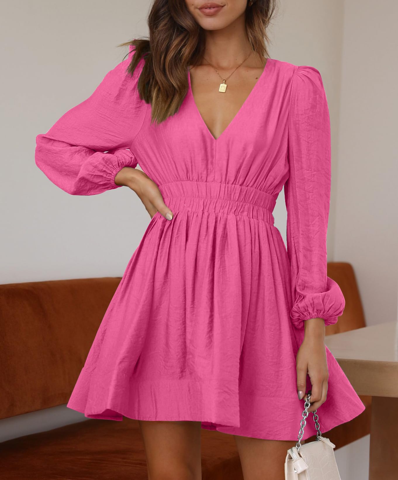 Long Sleeve V Neck Mini Dress