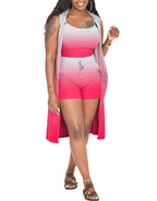 Three Piece Ribbed Sleeveless Cardigan & Bodycon Shorts