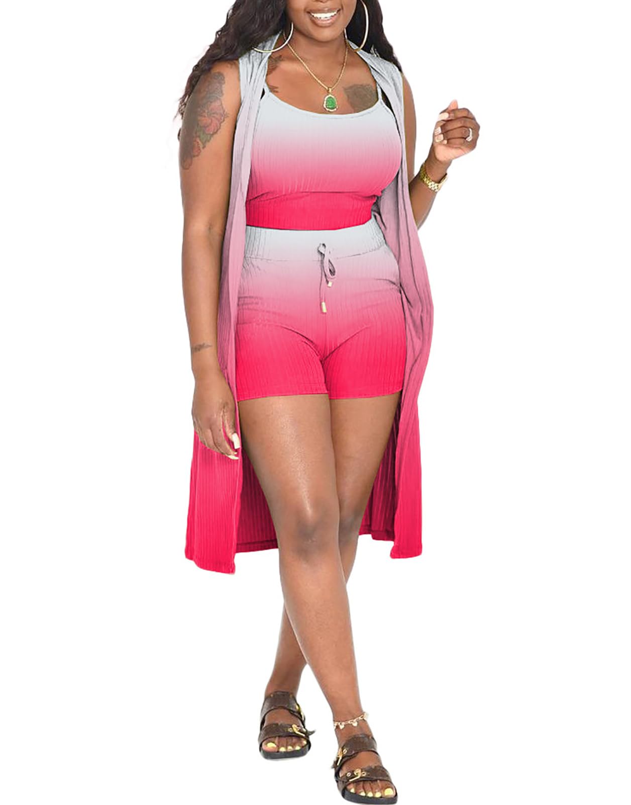 Three Piece Ribbed Sleeveless Cardigan & Bodycon Shorts