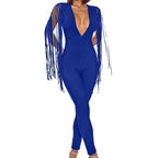 V Neck Tassel Sleeve Bodycon Jumpsuit