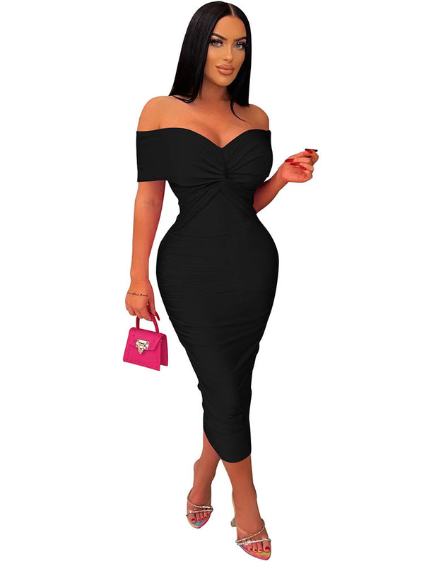 Off Shoulder Ruched Bodycon Midi Dresses