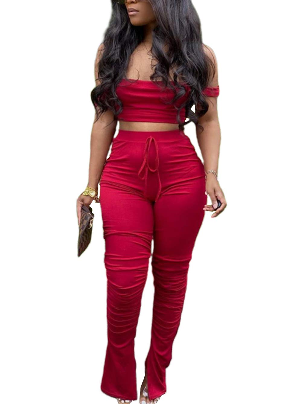 Tops cortos de dos piezas con hombros descubiertos y pantalones largos fruncidos