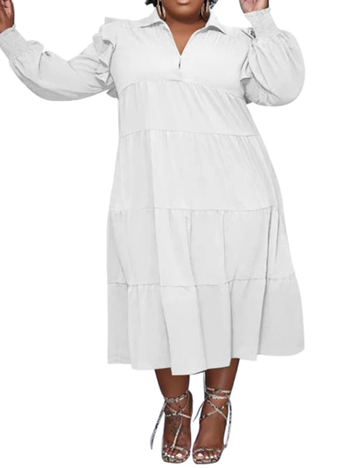 Plus Size Long Sleeve Ruffle Lapel Maxi Dress