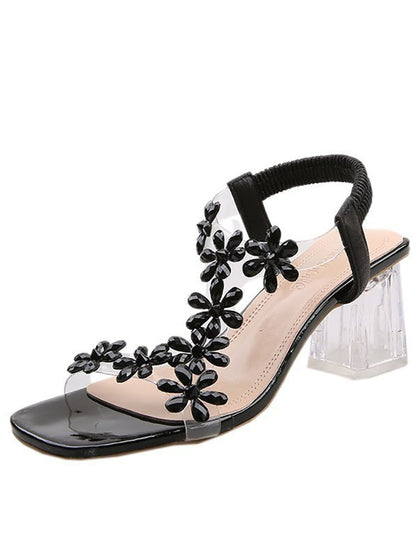 Tacones gruesos con punta abierta y retazos de diamantes de imitación