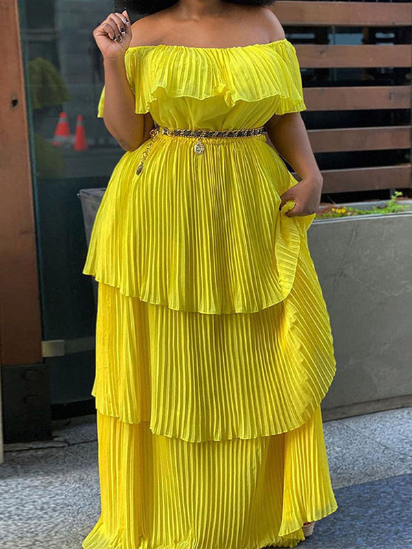 Off Shoulder Layered Pleated Plus Size Maxi Dresses