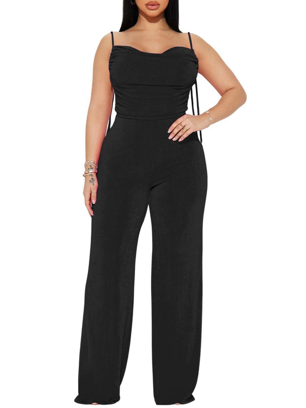 Sleeveless Backless Tie Up Ruched Wide Leg Jumpsuits