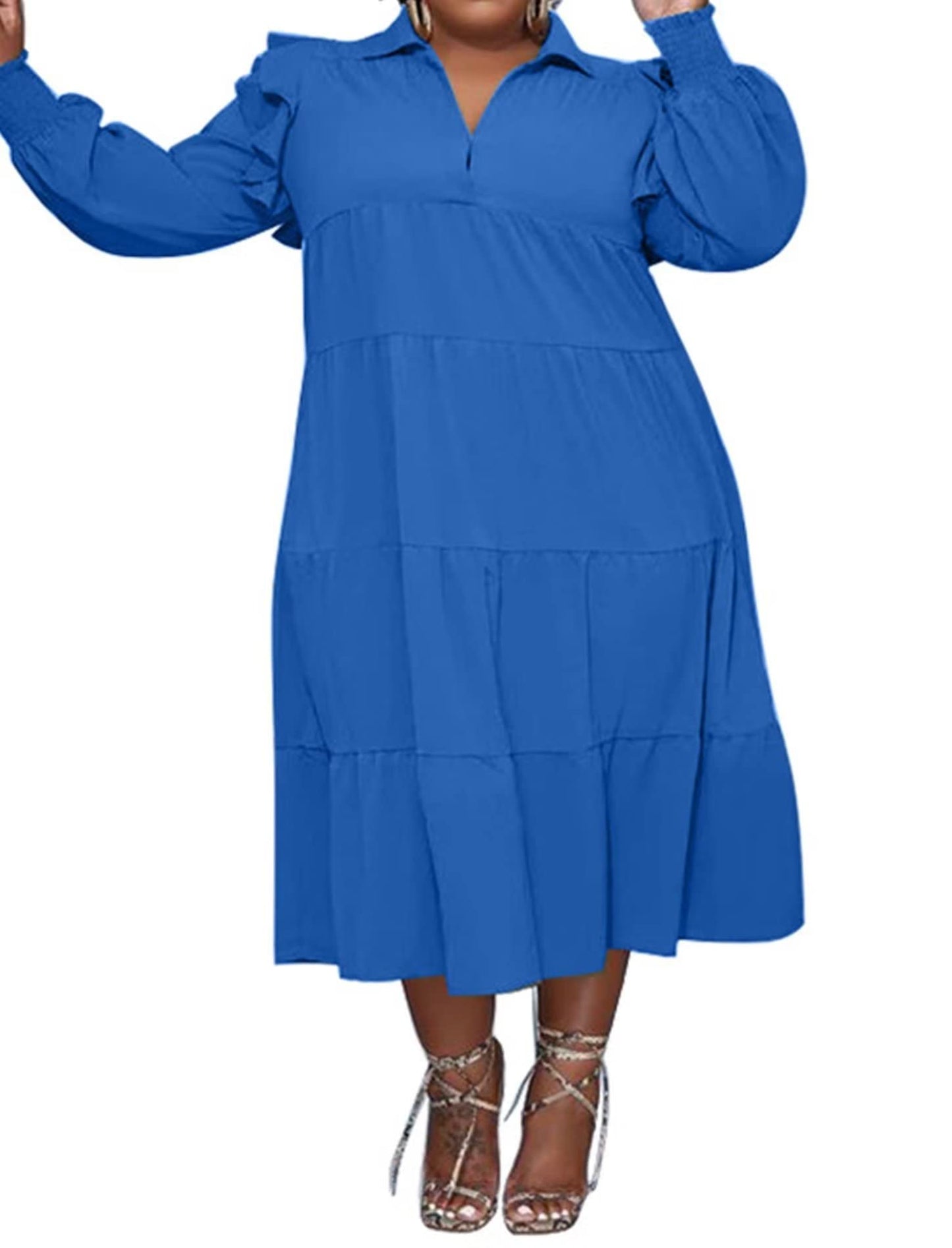 Plus Size Long Sleeve Ruffle Lapel Maxi Dress