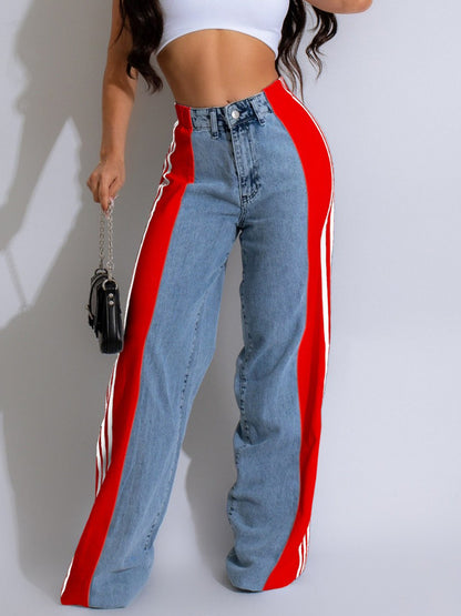 Patchwork Stripe Wide Leg Denim Pants