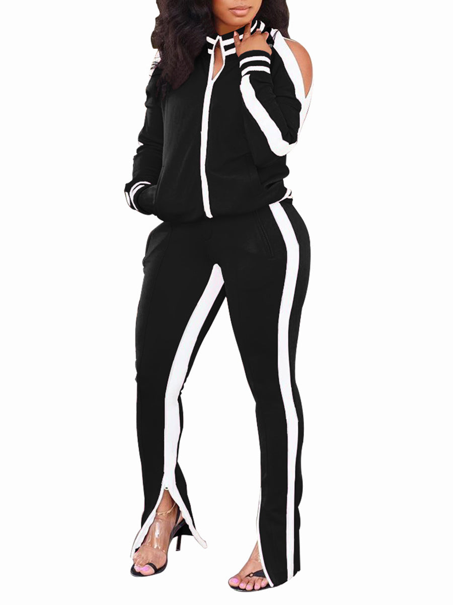 Cold Shoulder Zip-Up Pants Sets