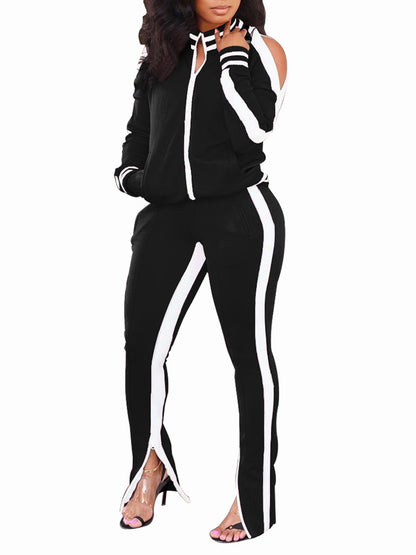 Cold Shoulder Zip-Up Pants Sets