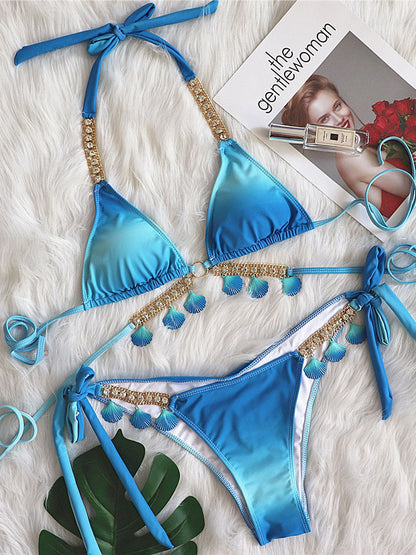 Rhinestone Embellishments Gradient Bikini Set
