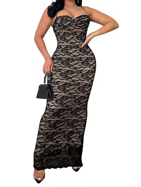 Spaghetti Strap Lace Bodycon Maxi Dresses