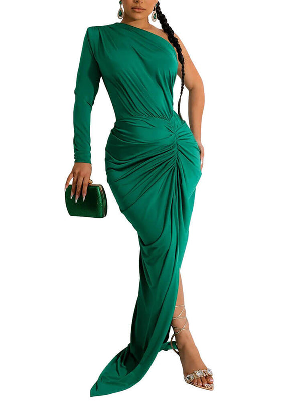 One Shoulder Long Sleeve Ruched Cocktail Maxi Dresses