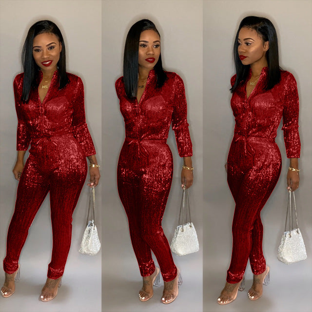 Long Sleeve Sequin Belted Jumpsuit