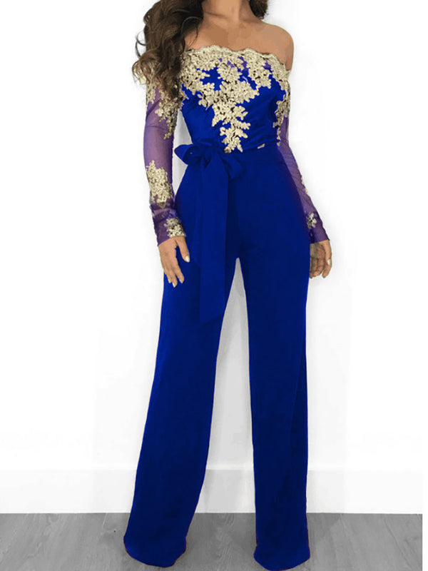 Floral Lace Long Sleeve Patchwork Belted Jumpsuits