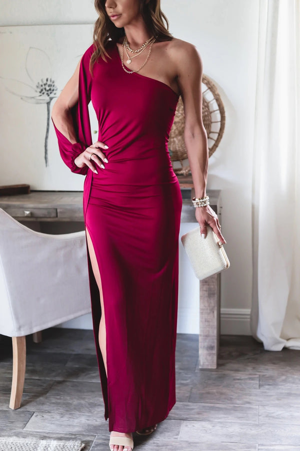 One Shoulder Ruched Long Sleeve Maxi Dress