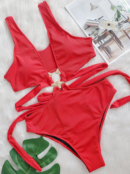 Trajes de baño con estampado de hojas sin espalda sin mangas