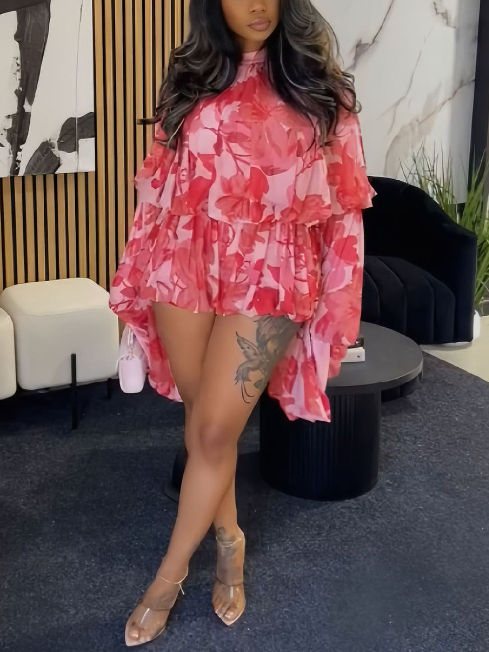 Floral Ruffle Sleeve Top Shorts Set