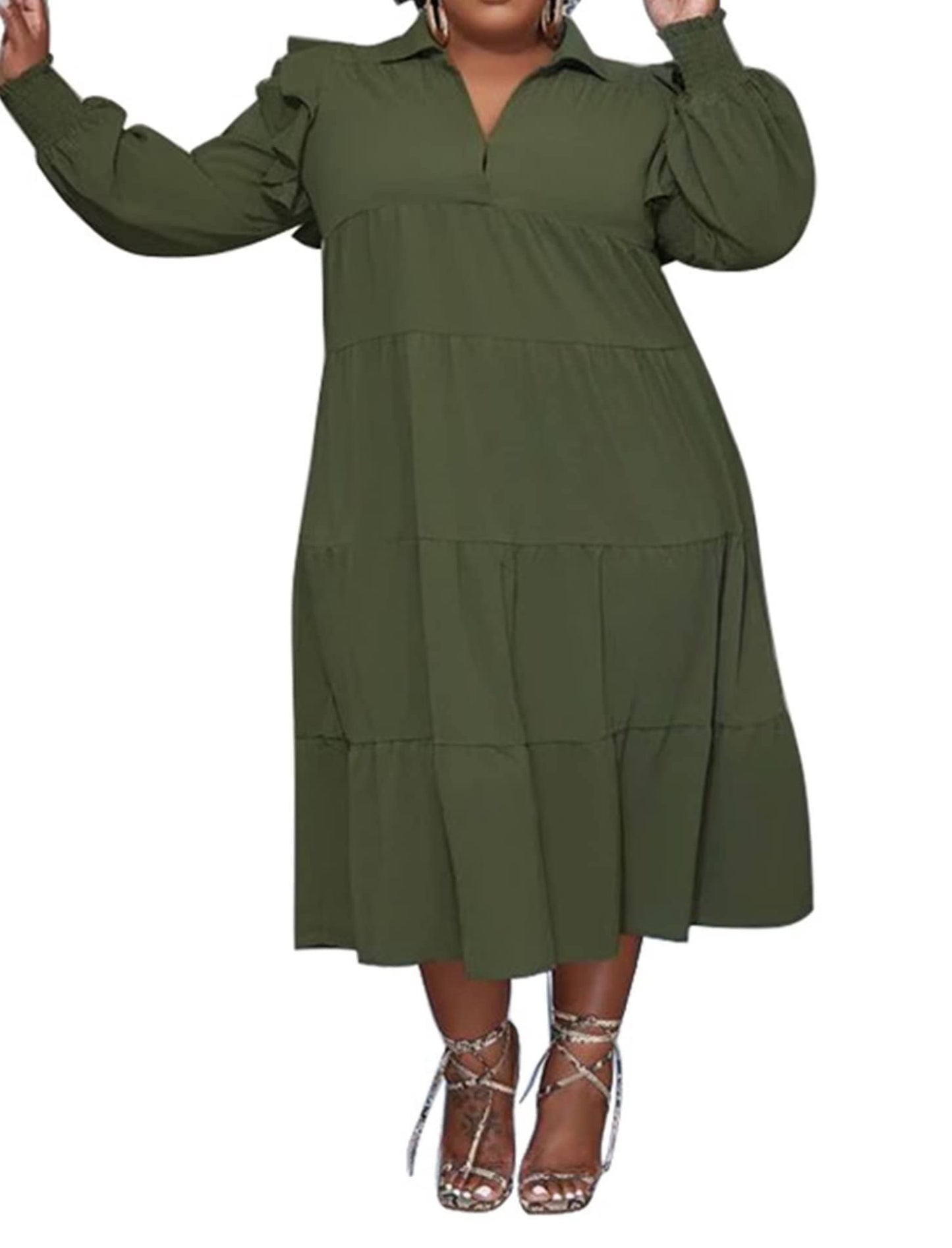 Plus Size Long Sleeve Ruffle Lapel Maxi Dress