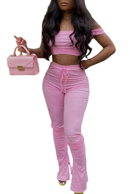 Tops cortos de dos piezas con hombros descubiertos y pantalones largos fruncidos