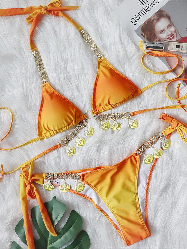 Rhinestone Embellishments Gradient Bikini Set