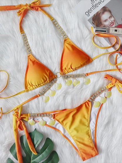 Rhinestone Embellishments Gradient Bikini Set