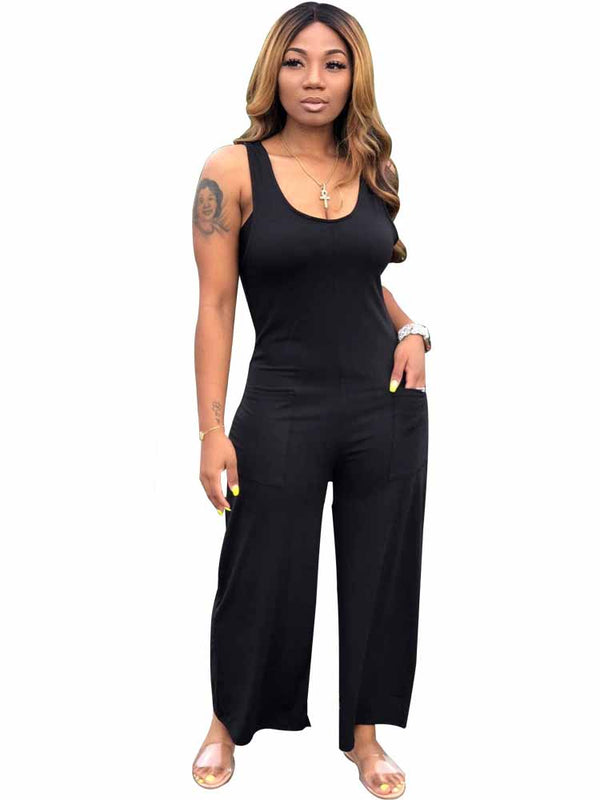 Sleeveless Solid Wide Leg Long Pants Rompers