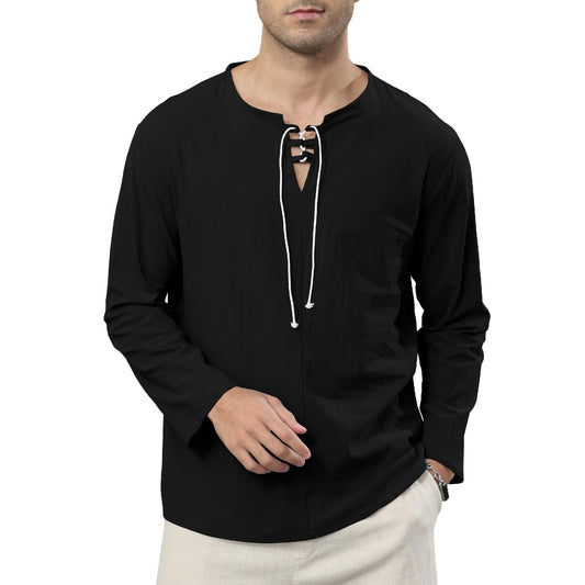 Mens Long Sleeve Lace Up V Neck Tops