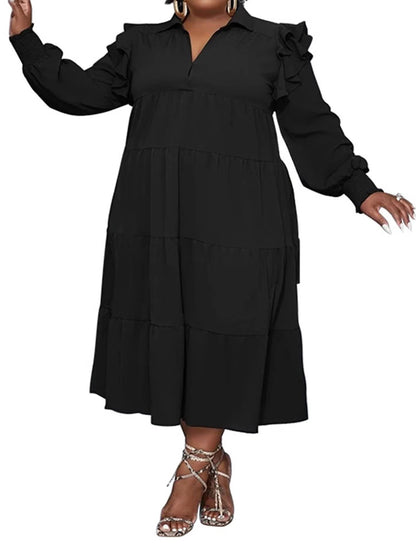 Plus Size Long Sleeve Ruffle Lapel Maxi Dress