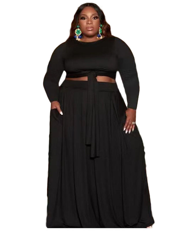Two Piece Solid Crop Top Maxi Skirt Plus Size Set