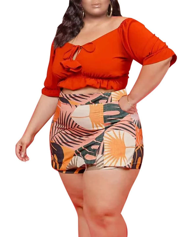 Plus Size Two Piece Off Shoulder Top Mini Skirts