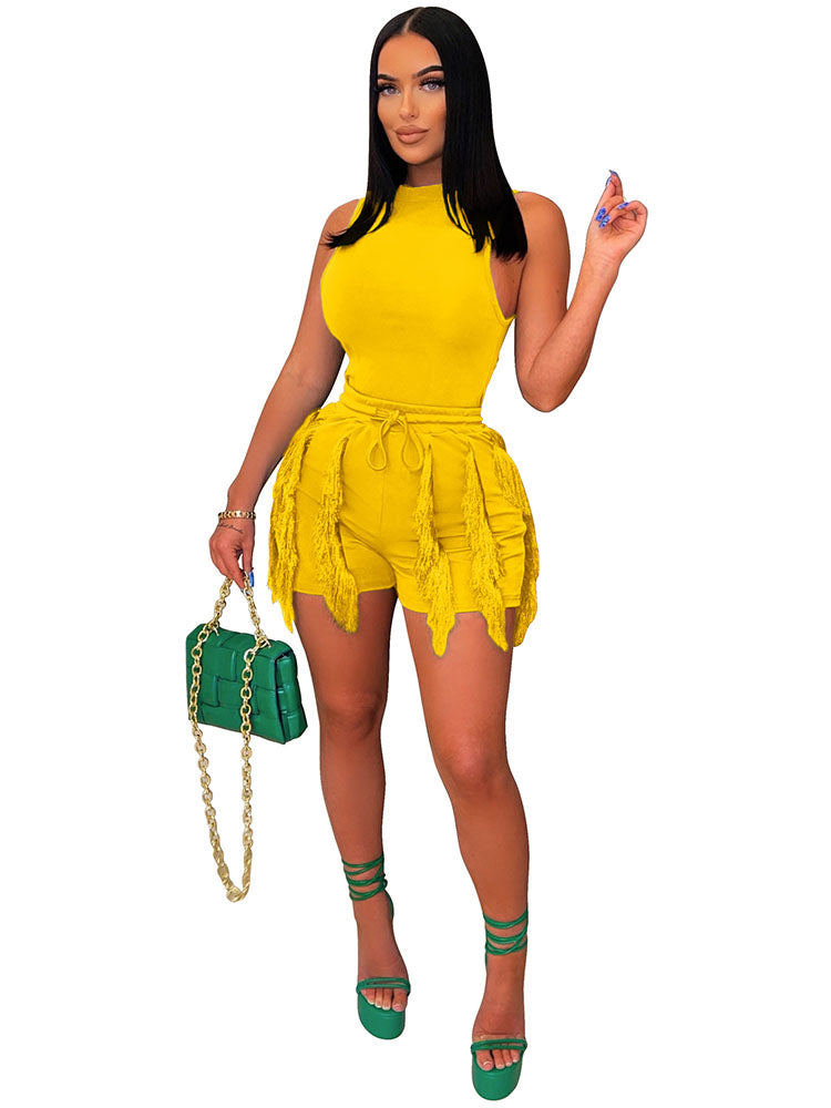 Two Piece Tank Top Tassels Short Pants