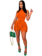 Two Piece Tank Top Tassels Short Pants