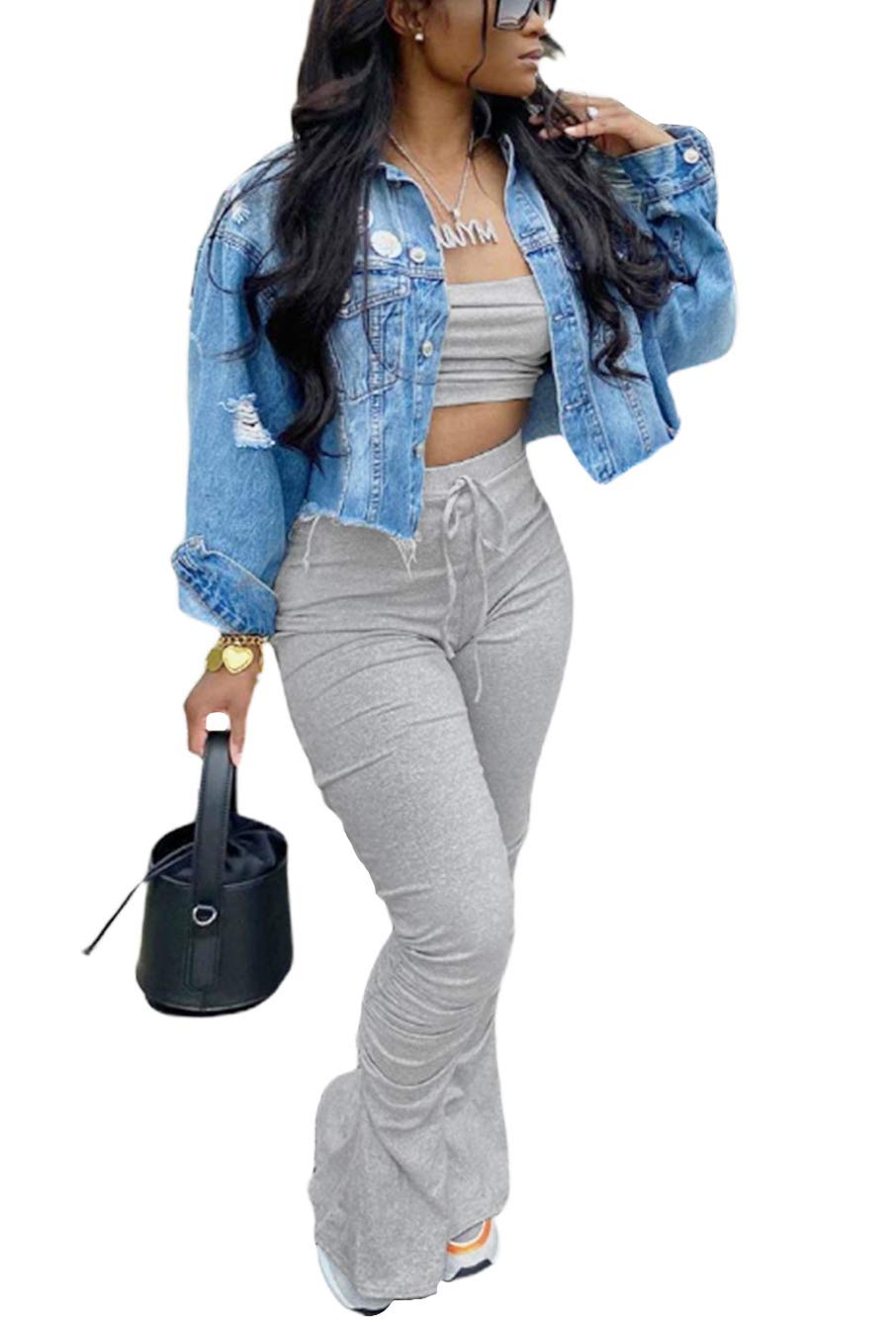 Tops cortos de dos piezas con hombros descubiertos y pantalones largos fruncidos