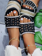 Beaded Denim Platform Slide