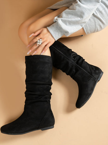 Mid-Calf Side Zipper Ruched Flat Boots