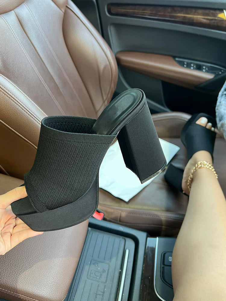 Peep-Toe Knit Platform Heels Slides