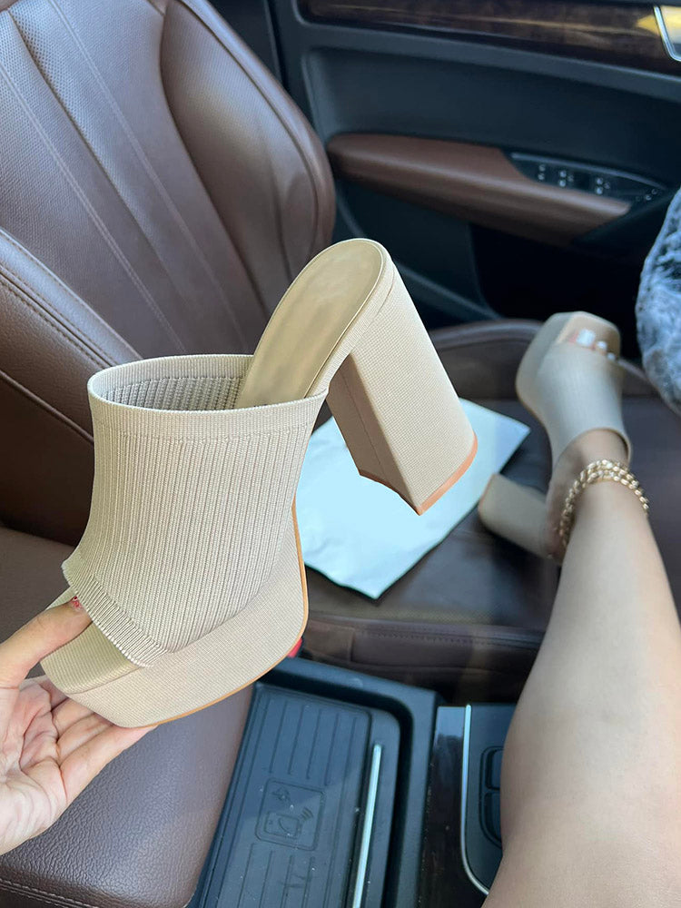 Peep-Toe Knit Platform Heels Slides