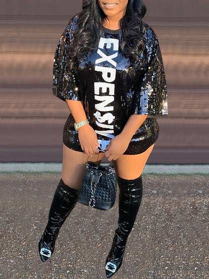 Letter Print Sequins Mesh Mini Dress