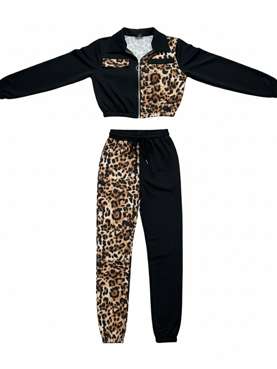 Two Pieces Leopard Patchwork Pants Set