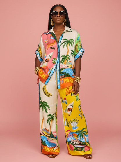 Printed Shirt Wide Leg Pants Set
