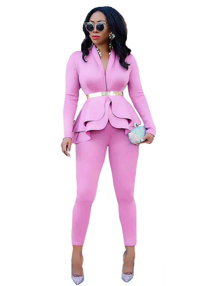 Blazer de dos piezas con volantes y pantalones largos ajustados