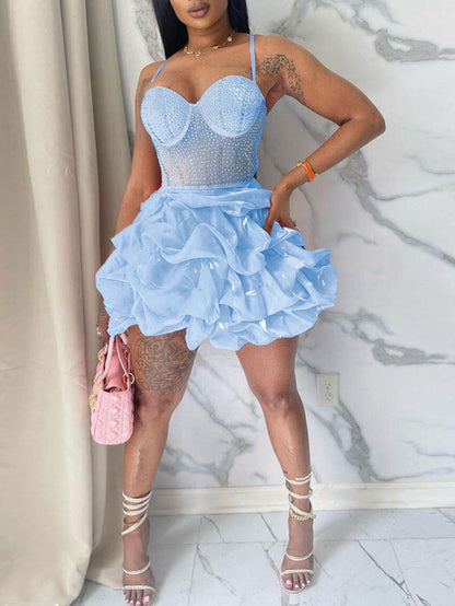 Rhinestone Spaghetti Strap Tulle Layered Dress