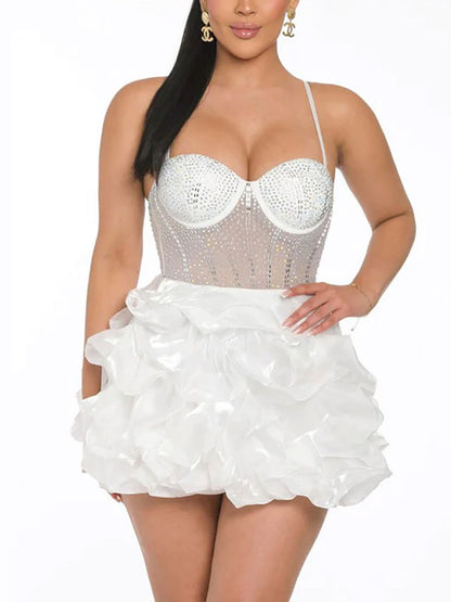 Rhinestone Spaghetti Strap Tulle Layered Dress