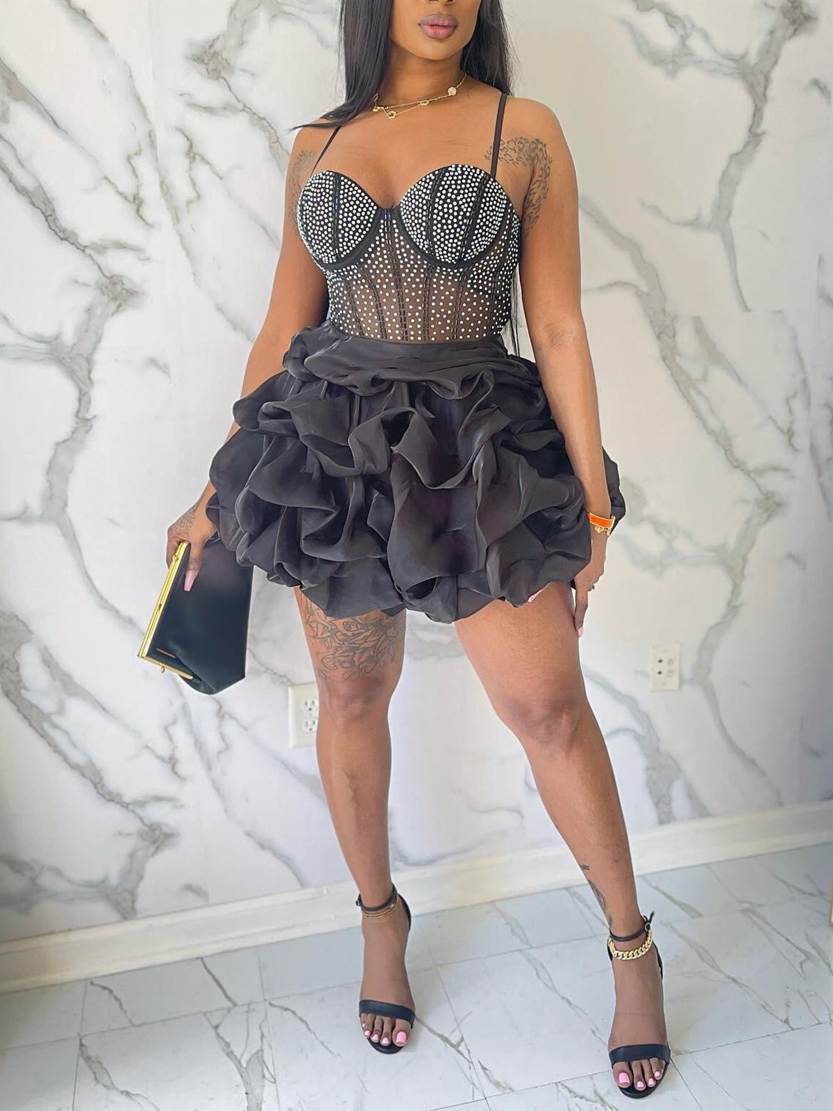 Rhinestone Spaghetti Strap Tulle Layered Dress